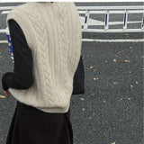 Women Knitted Cardigan Spring Vintage Hemp Pattern Double Breasted Sleeveless Knitted Cardigan