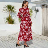 Women Date Dress Autumn and Winter Leisure Floral Print Long Sleeve Lace up Casual Dress Maxi Dress