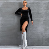 Women Dress Spring and Summer Sexy Slim Fit Square Collar Long Sleeve Velvet Hip Skirt Dress