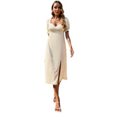 Women Dress Sexy Backless Square Collar Puff Sleeve Dress