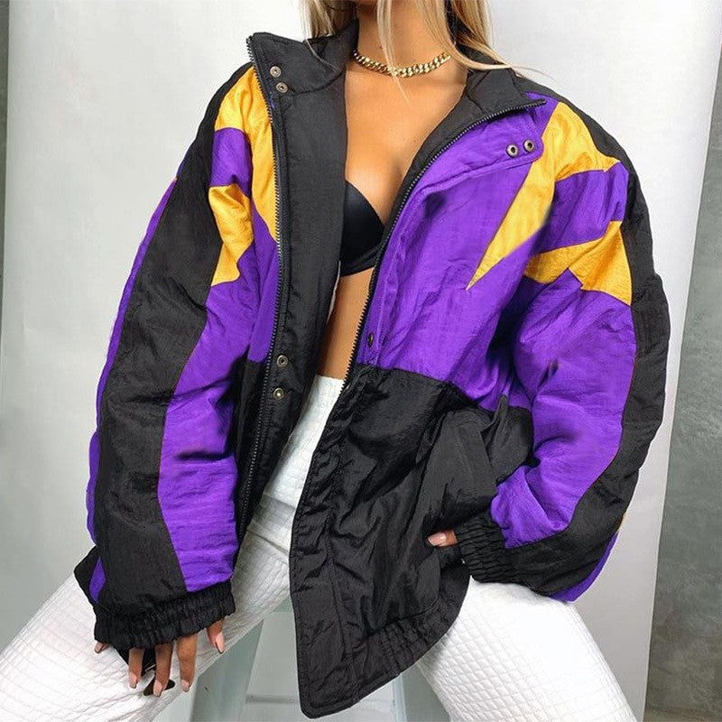Women Trench Coat Winter Leisure Loose Color Matching Turn-down Collar Coat
