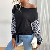 Women Knitted Sweater Crew Neck Long Sleeve Stitching Leopard Print Black Sweater