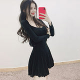 Women Dresses U-Neck Sling Dress Two-Piece Suit Pleated Skirt