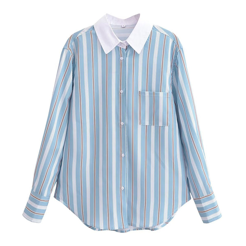Women Tops Summer Loose-Fitting Striped Long Sleeves Shirt Single-Breasted Top