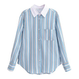 Women Tops Summer Loose-Fitting Striped Long Sleeves Shirt Single-Breasted Top