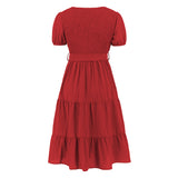 Women Date Dress V-neck Pleated Lace-up Dress