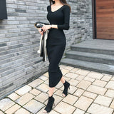 Women Maxi Dress Sexy V-neck Long Sleeve Knitted Dress