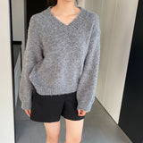 Women Winter Knitted Sweater V-neck Thick Sweater Autumn and Winter Loose-Fitting Long Sleeve Sweater H0001
