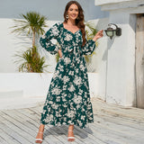 Women Date Dress Autumn Winter Sexy Long Sleeve V-neck Lantern Sleeve Backless Floral Long Tie Dress