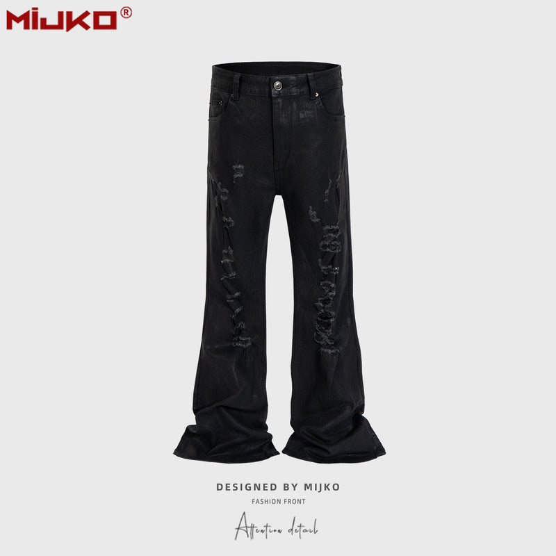 MIJKO Mens Vintage Pants Rotten Ripped Brush Wax Bootcut Jeans