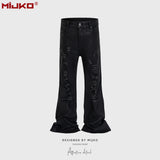 MIJKO Mens Vintage Pants Rotten Ripped Brush Wax Bootcut Jeans