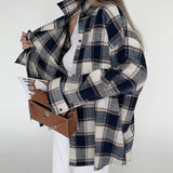 Women Trench Coat Winter Plaid Long Sleeve Shirt Loose Casual Jacket