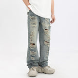 Men Jeans Ripped Jeans Vintage Distressed Straight-Leg Denim Trousers