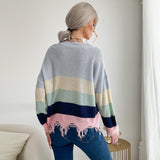 Women Knitted Sweater Autumn and Winter Leisure Long Sleeve Shabby Knit Bottoming V-neck
