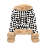 Women Trench Coat Autumn and Winter Plaid Coat Detachable Short Fur Collar Top Houndstooth