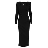 Women Dress Spring Square Collar Long Sleeve Dress Elegant Slim Fit Long Dress