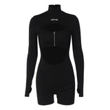Women Jumpsuit Spring Sexy Hollow out Zipped round Neck Long Sleeve Jumpsuit