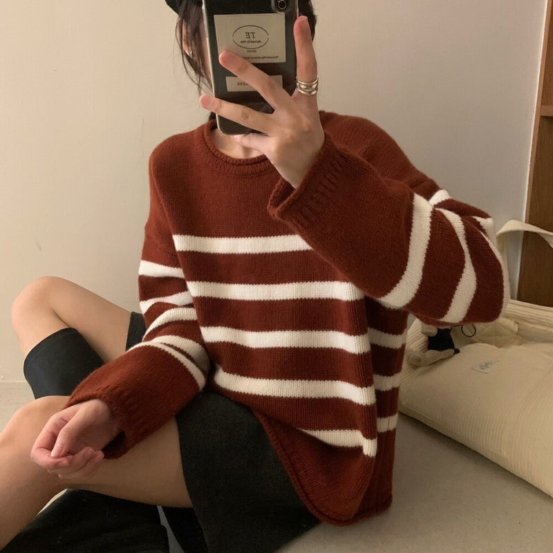 Women Knitted Pullover round Neck Striped Sweater Winter Loose Sweater Top