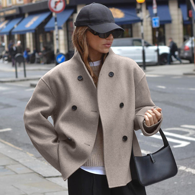 Women Trench Coat Autumn Winter Retro Brown Woolen Coat Women's V-neck