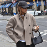 Women Trench Coat Autumn Winter Retro Brown Woolen Coat Women's V-neck