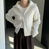 Women Cardigan Sweater Autumn Sweater Cardigan Zipper Turn-down Collar Coat Q625