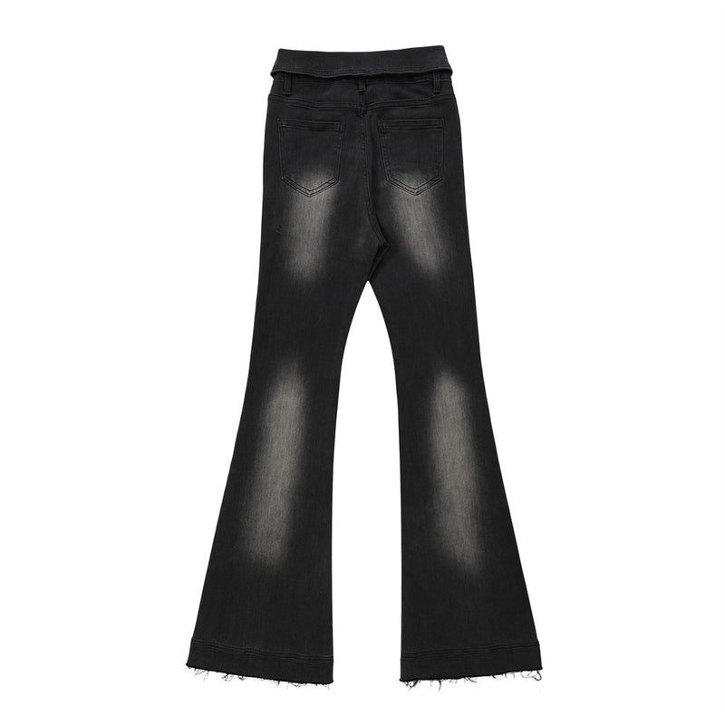 Women Pants Cuffed Denim Bell-Bottom Pants Loose-Fitting Wide-Leg Trousers