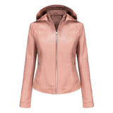 Red Leather Jacket Spring and Autumn Hooded Leather Coat Women's Detachable Hat Windproof Jacket
