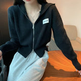 Women Knitted Cardigan Spring and Autumn Zipper Hooded Sweater