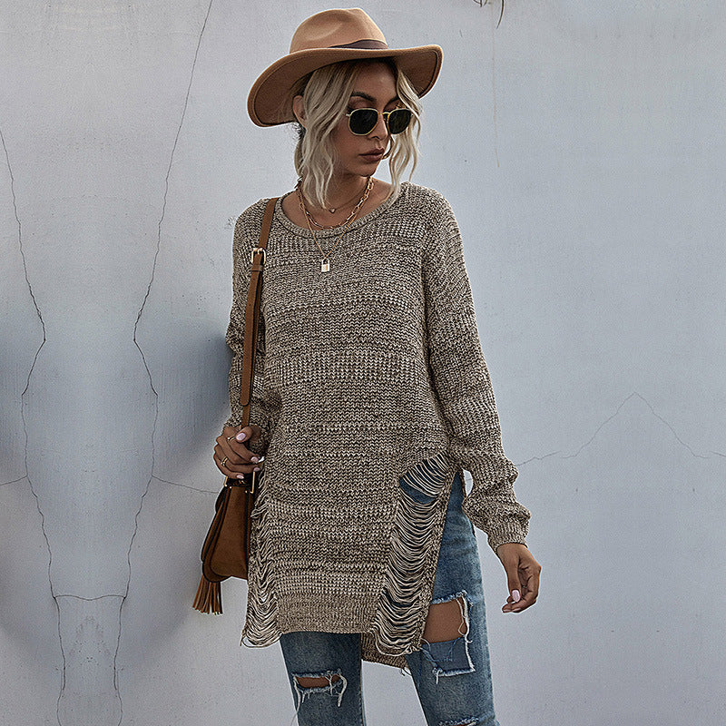 Women Knitted Sweater Women's Long Sleeve round Neck Ripped Knitted Mori Style Sweater