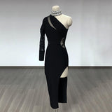 Women's Evening Dress Bandage Dress One Shoulder Lace Slit Dress Long Sleeve Tight Skirt
