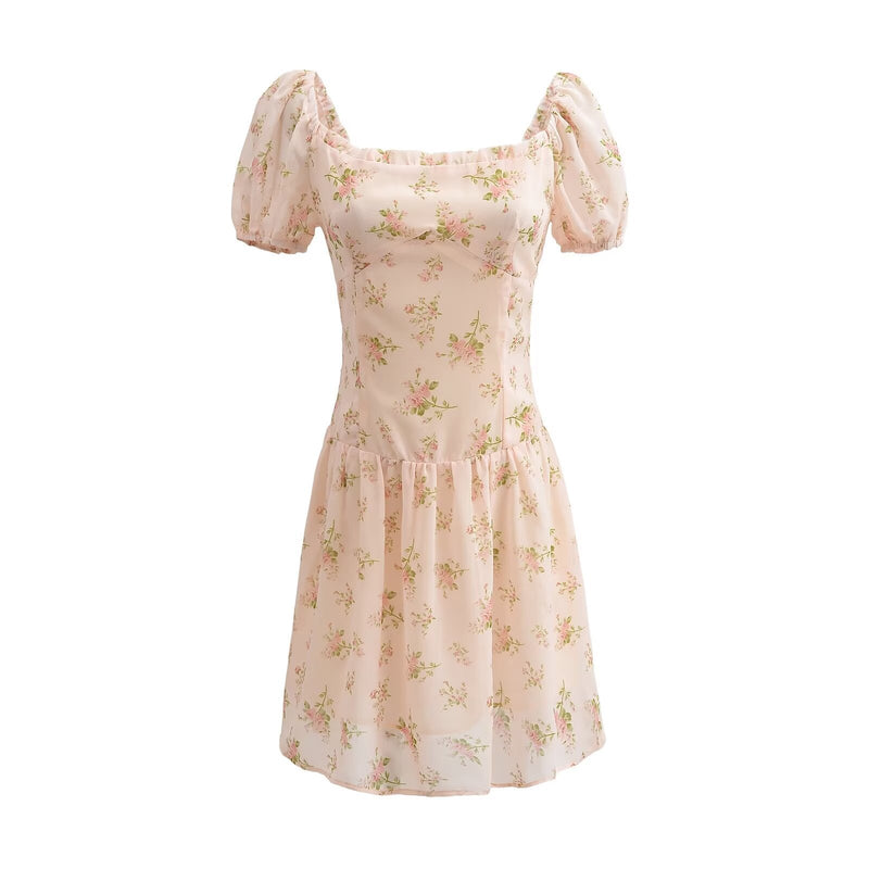 Women Dresses Summer Printed Chiffon Dress Puff Sleeve Slim Fit Skirt (Xds0414)