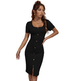 Women Dress Sexy Square-Neck Package Hip Short Sleeve Dress