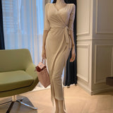 Women Dresses V-neck Lace-up Bowknot Half Sleeve Dress