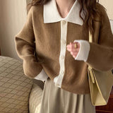 Women Knitwear Spring and Autumn Retro Lapels Contrast Color Knitted Cardigan