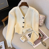 Women Knitted Cardigan Bow Button V-neck Knitted Cardigan Short Autumn and Winter Sweater
