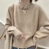 Women Knitwear Autumn Winter Retro Hollow round Neck Sweater Loose Sweater