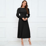 Women Date Dress Fall/Winter Slim Long Sleeve round Neck Pleated Long Dress