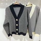 Women Knitted Cardigan Vintage Knitted Cardigan Autumn and Winter Striped Baggy Coat