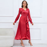 Women Date Dress Autumn and Winter V-neck Bubble Long Sleeve Dress