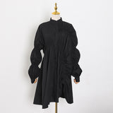 Women Dresses Loose Pleated Shirt Dress Stand Collar Lantern Long Sleeve Dress Women (Qymy0409)