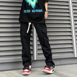 Men Sweatpants Mechanical Style Solid Color Multi-Pocket Baggy Straight Trousers