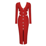 Women Evening Dress V-neck Bandage Dress Long Sleeve Simple Hollow Dress