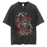 Men Washed T Shirt Black Japanese Anime Graphic Print TShirt