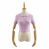 Women Sweater Knitwear Vintage Polo Lapel Single Breasted Thread Exposed Navel Knitted T-shirt