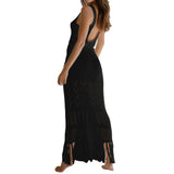 Women Knit Beach Cover Sun-Proof Beach Dress Hollow out Strap Long Dress with Tassel