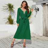 Women Date Dress Autumn and Winter V-neck Lace Pleated Lace-up Long Dress