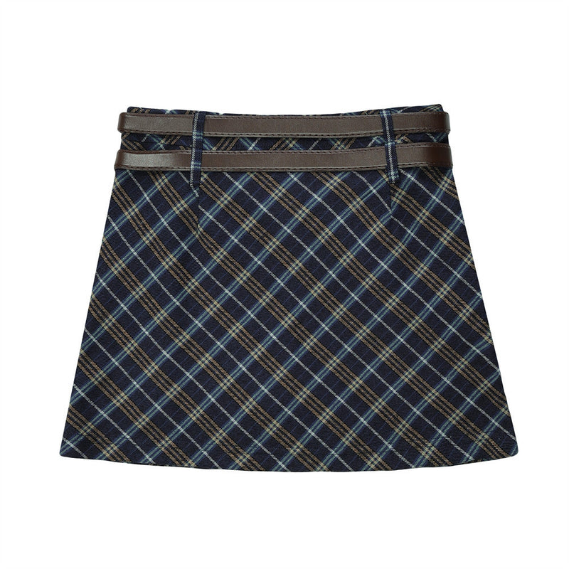 Women Skirt Plaid Double Belt A- line Skirt Skirt