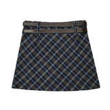 Women Skirt Plaid Double Belt A- line Skirt Skirt