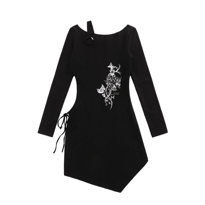 Women Dresses off-the-Shoulder Dress Hollow-out Midriff Long Sleeve Short Dress