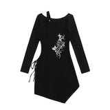 Women Dresses off-the-Shoulder Dress Hollow-out Midriff Long Sleeve Short Dress